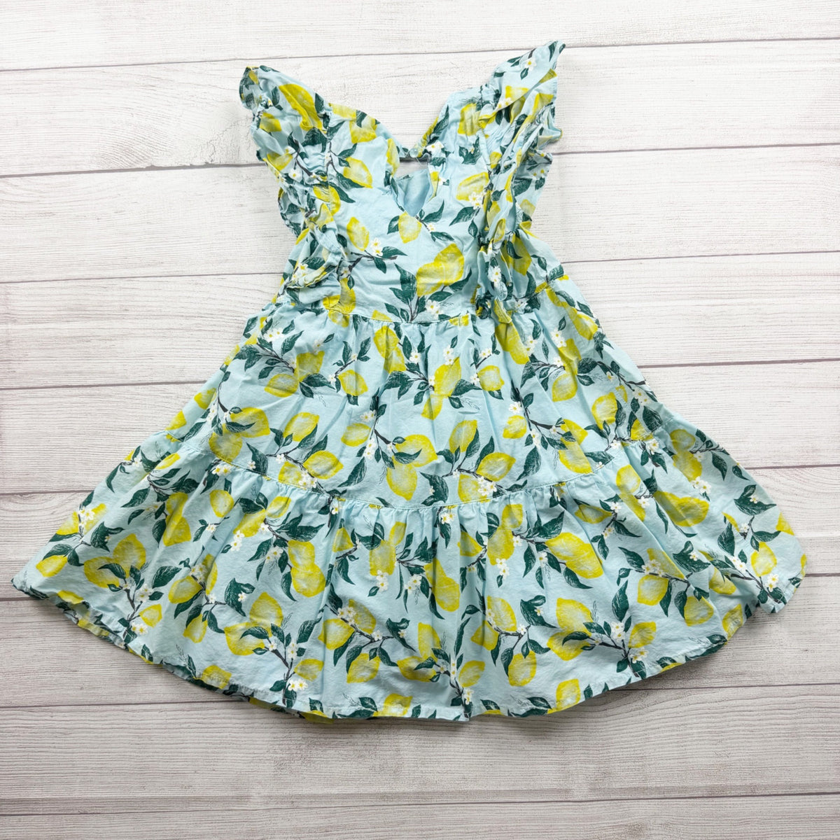 French Connection Girls Lemon Print Ruffle Cotton Sundress Dress S 7-8