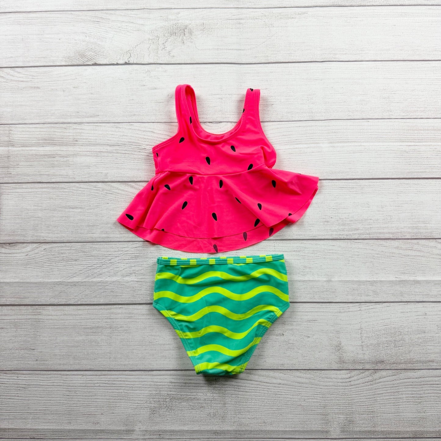 Cat & Jack Girls Pink Watermelon Tankini Set 2 Piece Swimsuit Green Stripe 3T