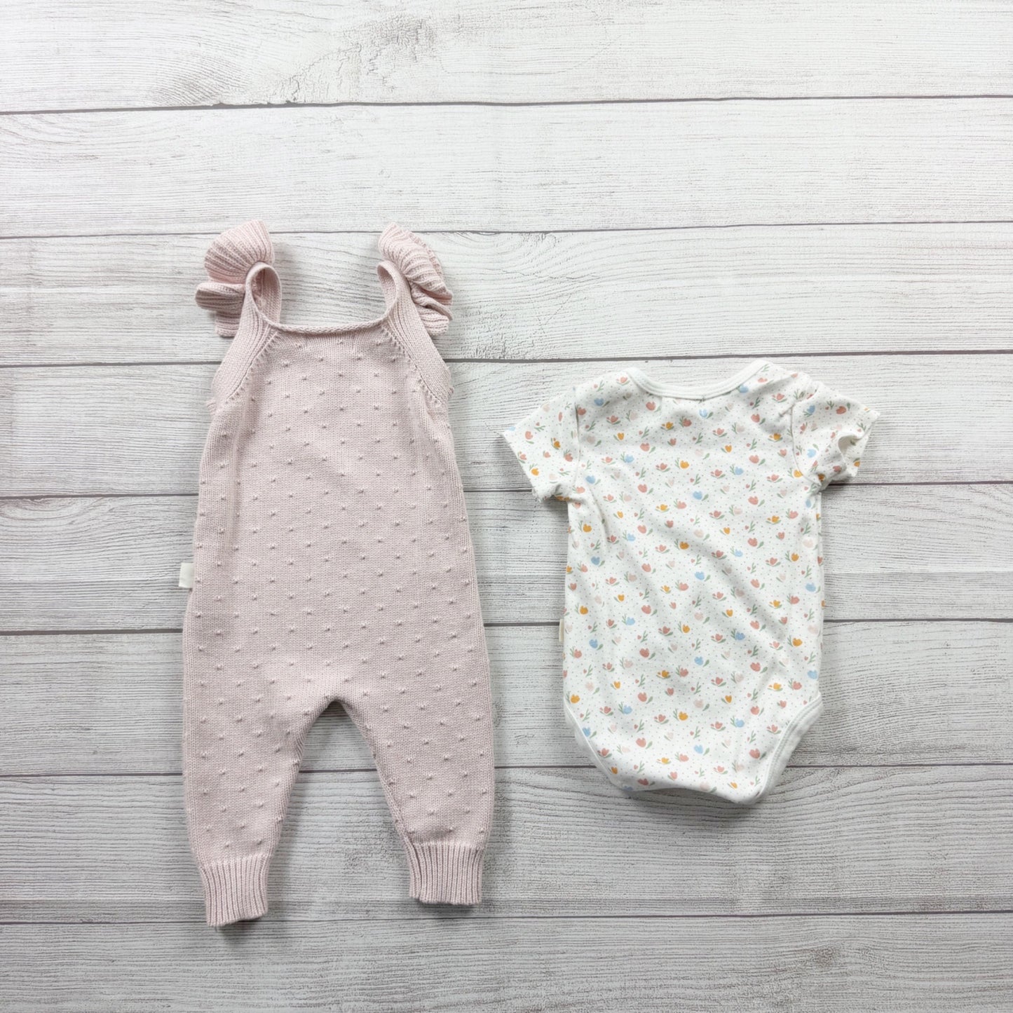 Rabbit + Bear Organic Baby Girl 2 Piece Outfit Set Knit Romper Floral 6-9 Months