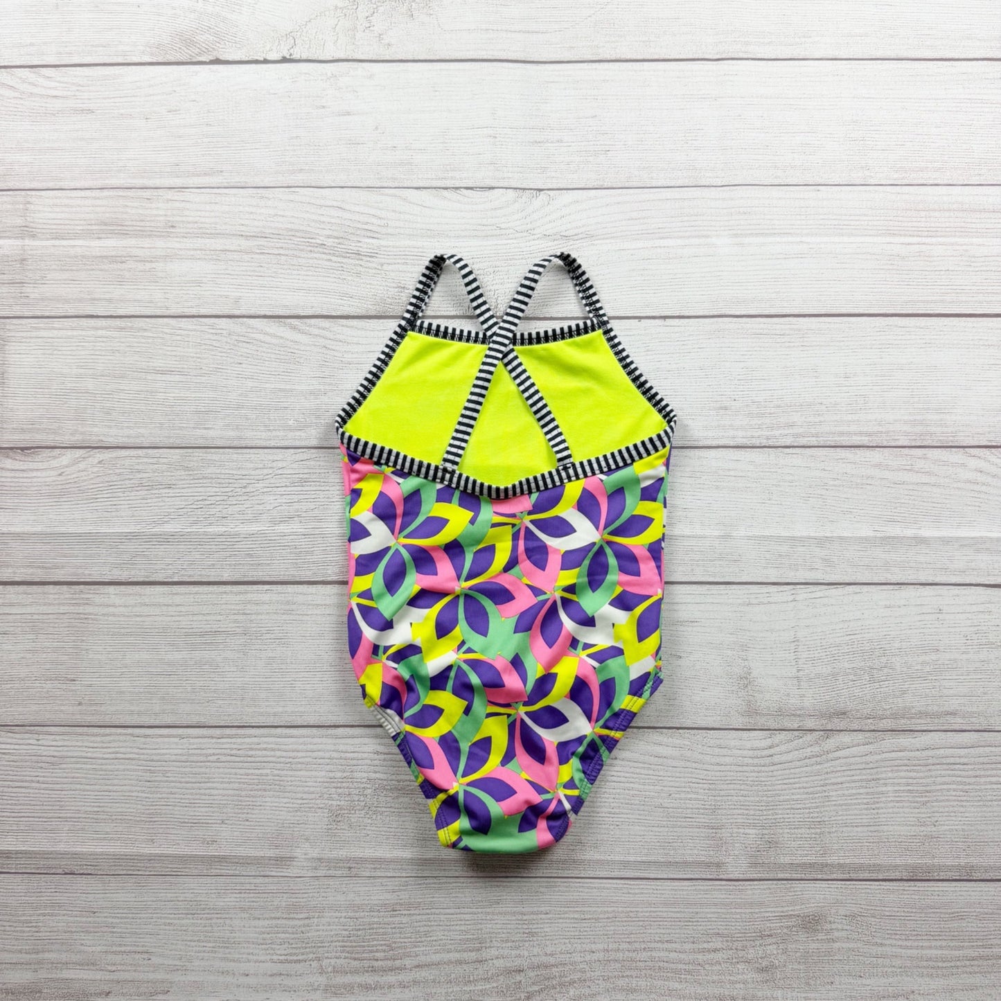 Dolfin Uglies Girls One Piece Floral Swimsuit Neon Striped Straps 8
