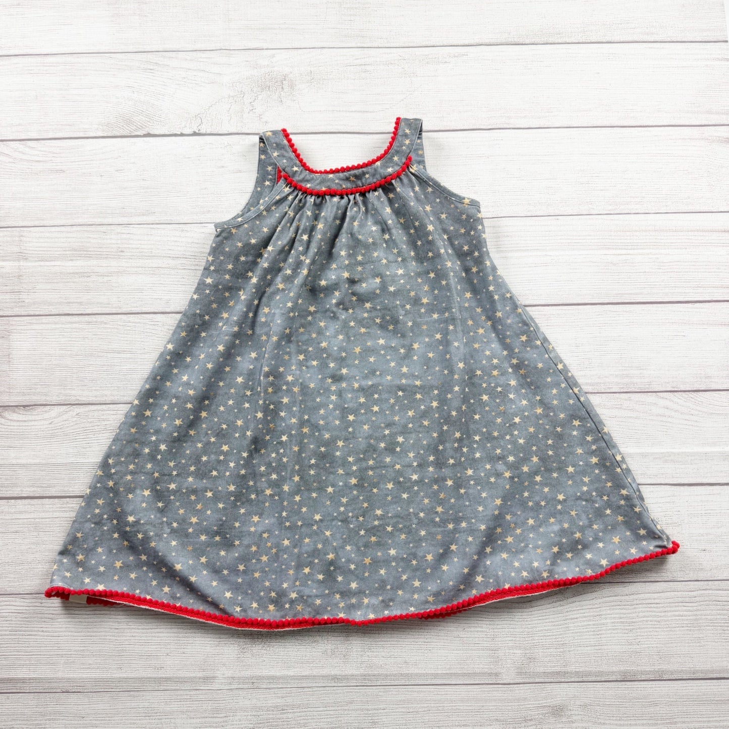 Cheeky Plum Girls Star Print Dress Gold Stars Pom Trim Sleeveless Sundress 7