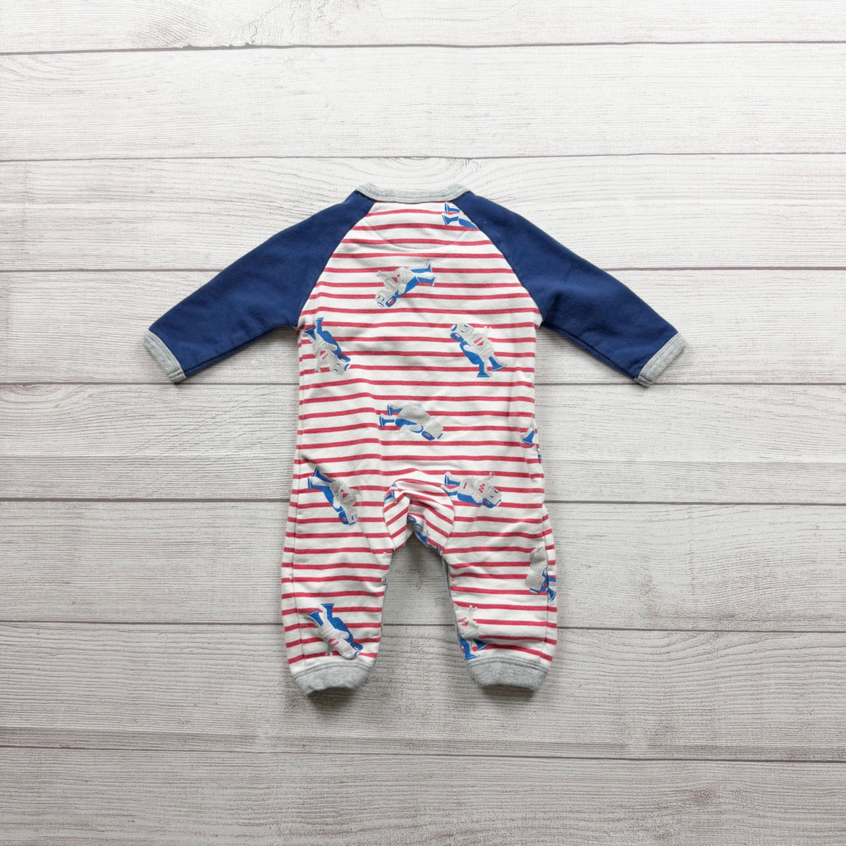 Baby Boden Striped Robot Cotton Romper Print Long Sleeve Snap Closure 3-6 Months