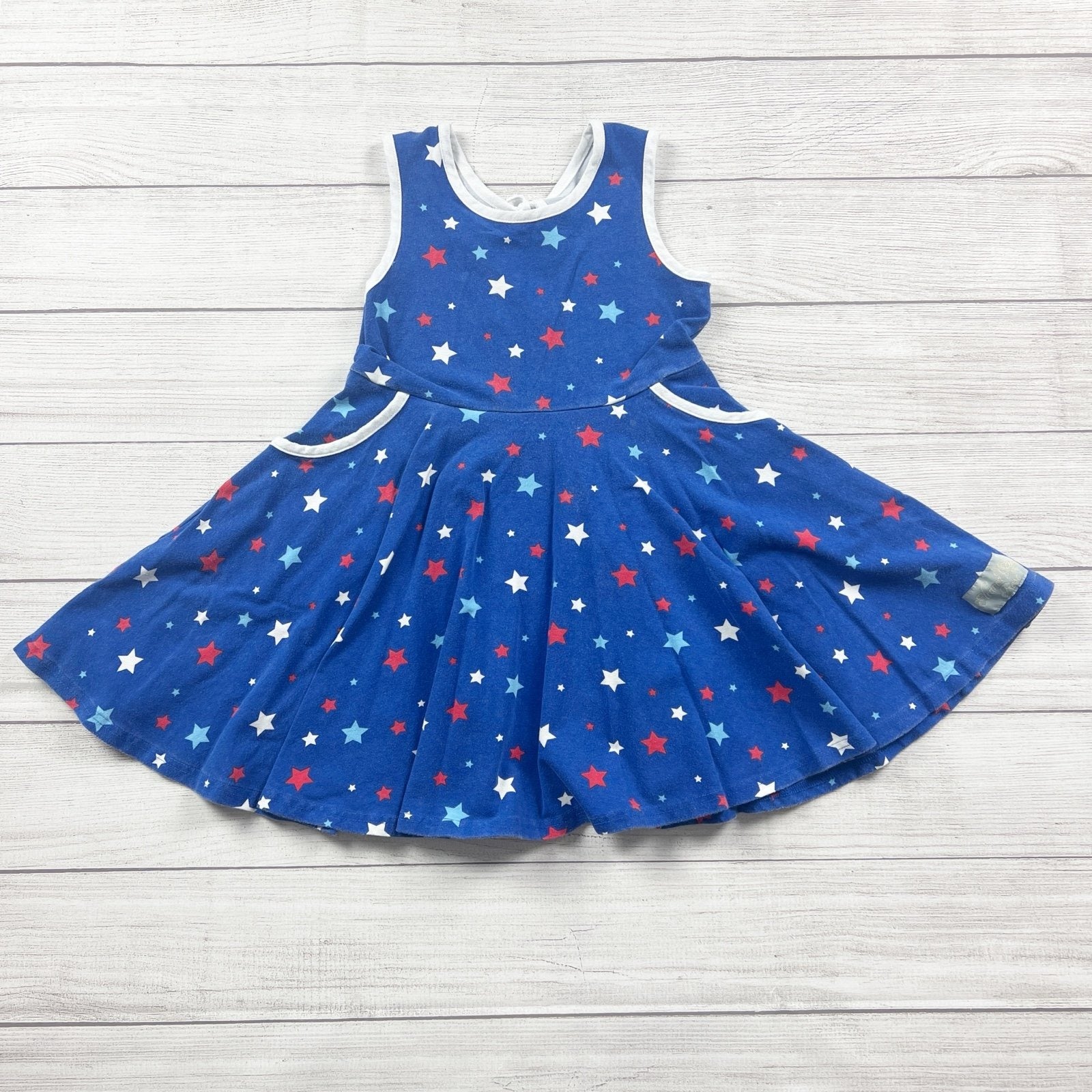 Eleanor Rose Blue Star Print Twirl Dress Girl Sleeveless Tie Back Patr – Thrifty Threads Kids