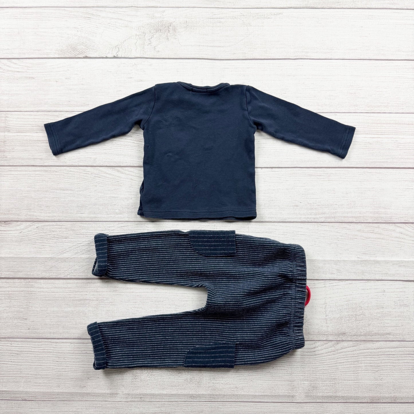 EMC Baby Boy Outfit Set Navy Long Sleeve Top Striped Pants 2 Piece 9-12 Months