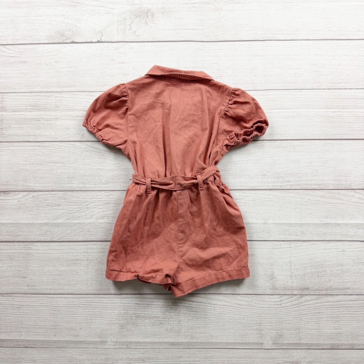Old Navy Girls Puff Sleeve Button Front Romper Belted Terracotta Pink 4T