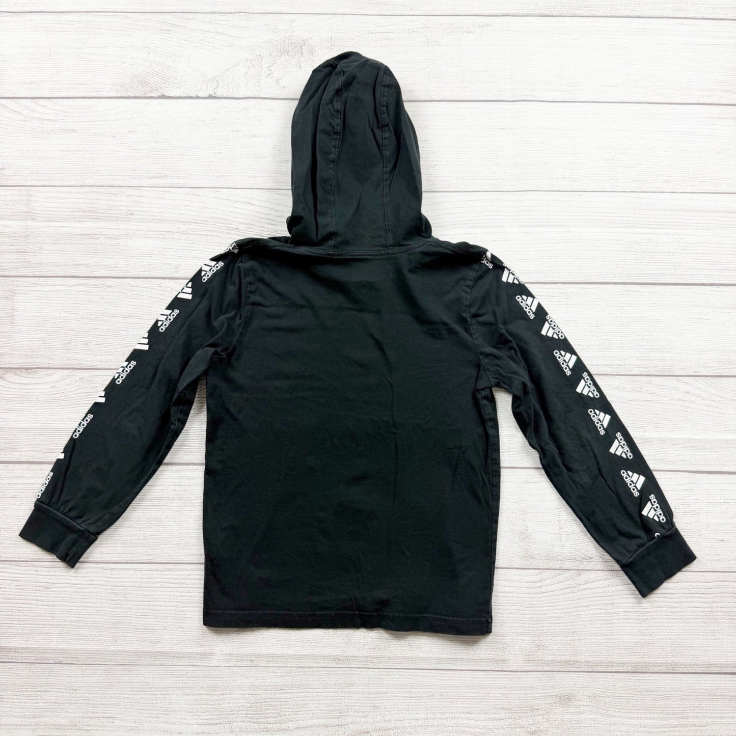 Adidas Boys Black Hooded Long Sleeve Shirt Logo Sleeves Hoodie Tee 6