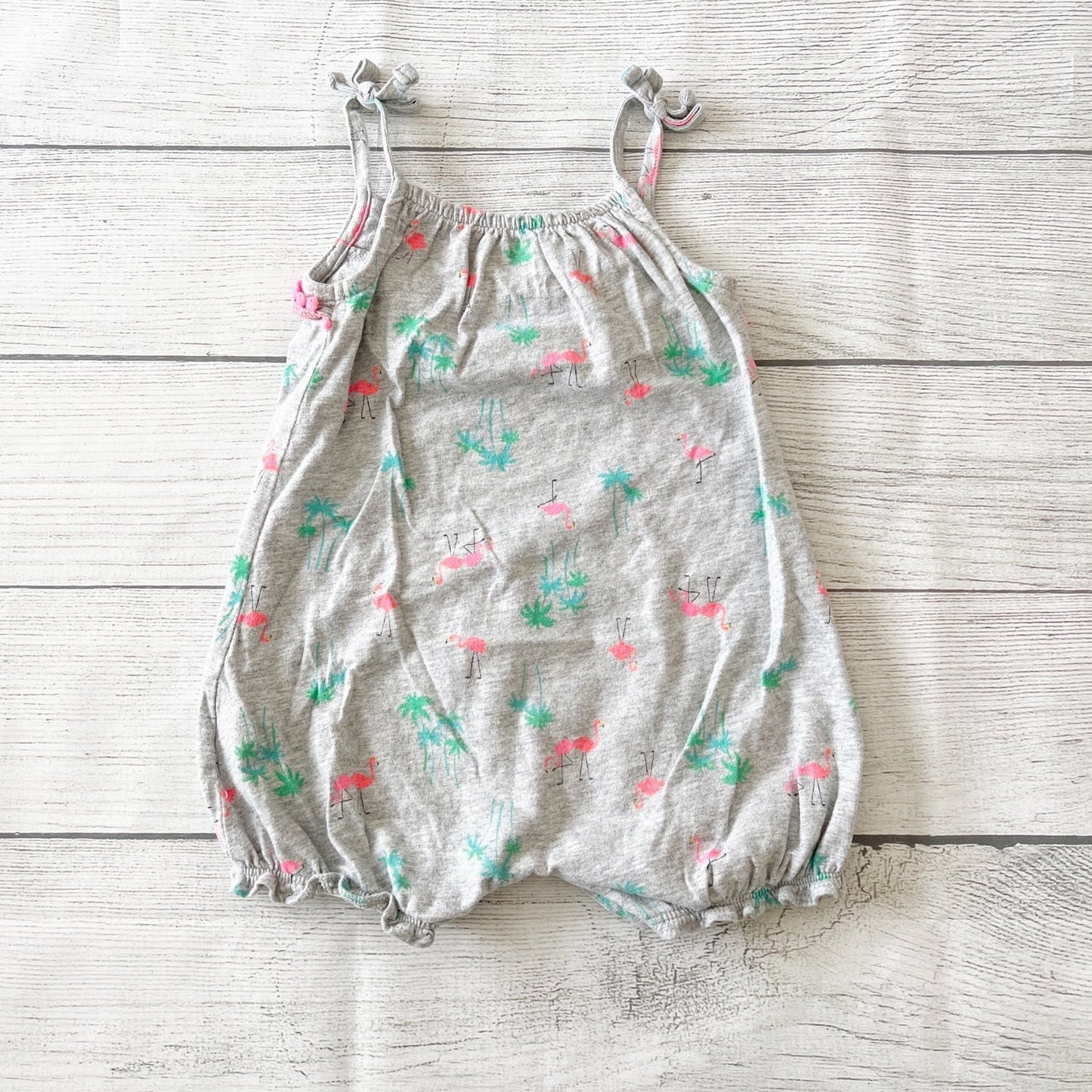 Carter’s Baby Girl Flamingo Romper Tropical Print Pom Pom Trim 9-12 Months