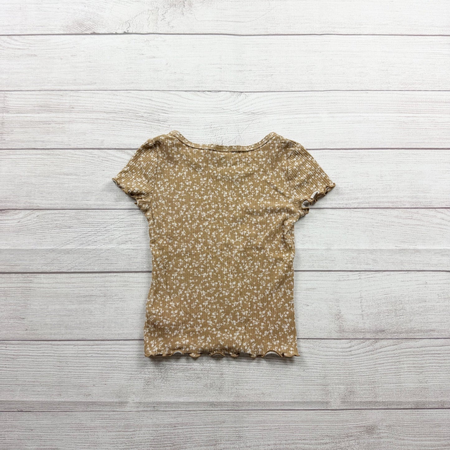 Old Navy Girls Beige Floral Ribbed Knit Fitted Short Sleeve Top S 6-7