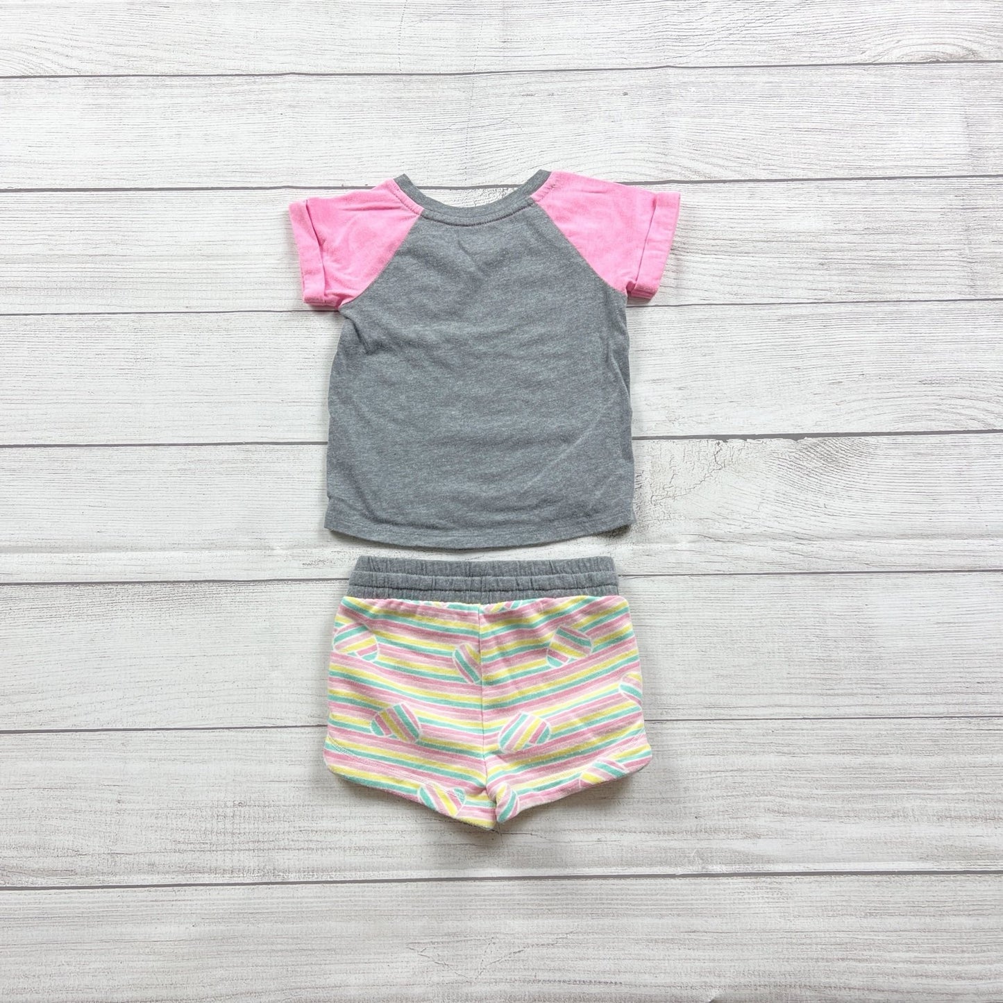Cat & Jack Infant Girls Outfit Gray Pink Raglan Tee Striped Shorts 12-18 Months