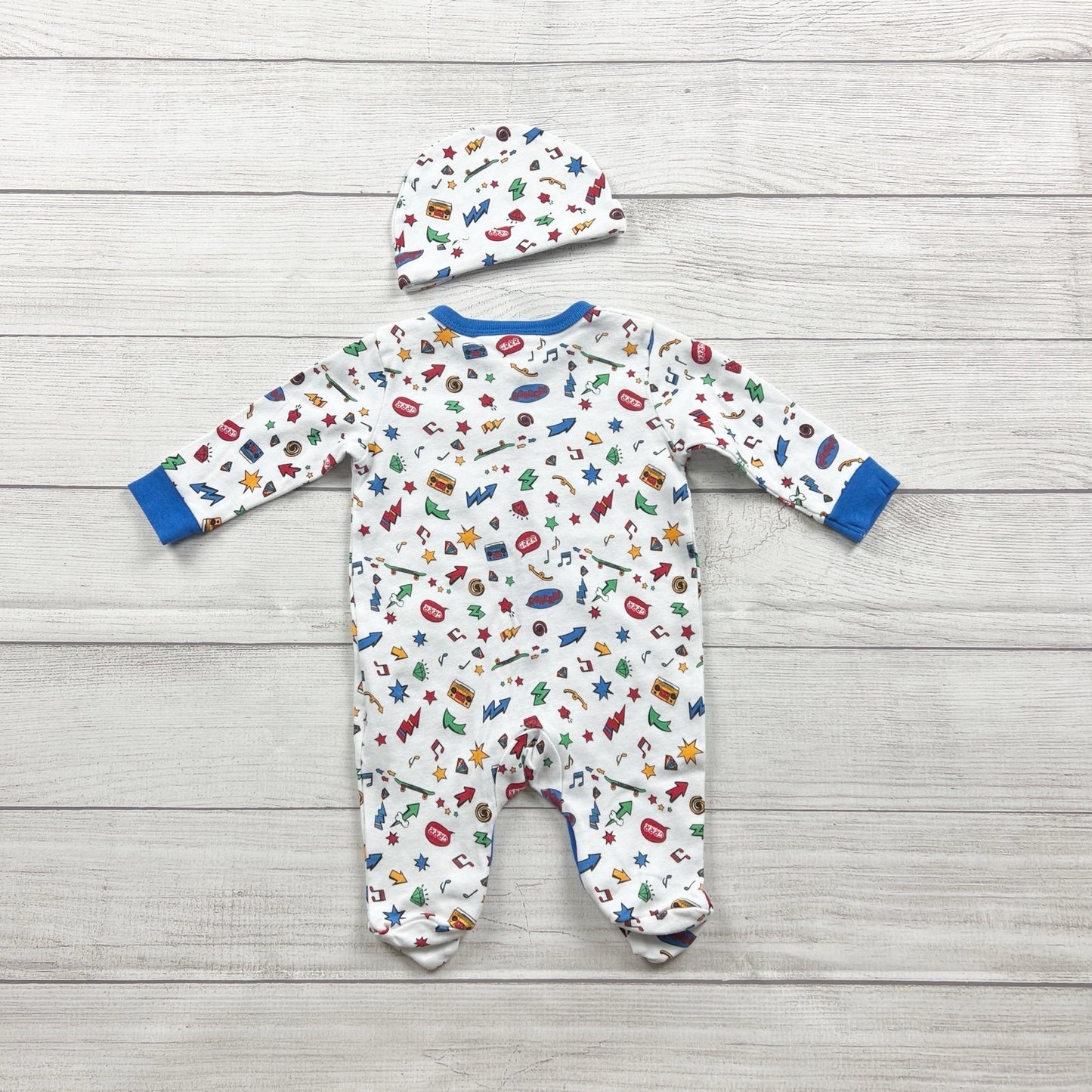 Lily & Jack Baby Boys Footed Sleeper Hat Set White Blue Comic Print 0-3 Months