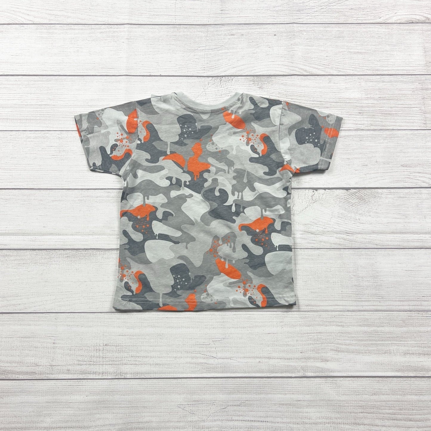 Primark Kids T-Shirt Camo Dinosaur Print Gray Orange Cotton NWT 3-4