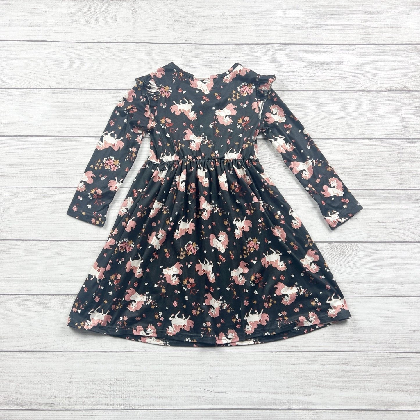 Blueberi Boulevard Girls Dress Black Unicorn Floral Print Long Sleeve Twirl 6