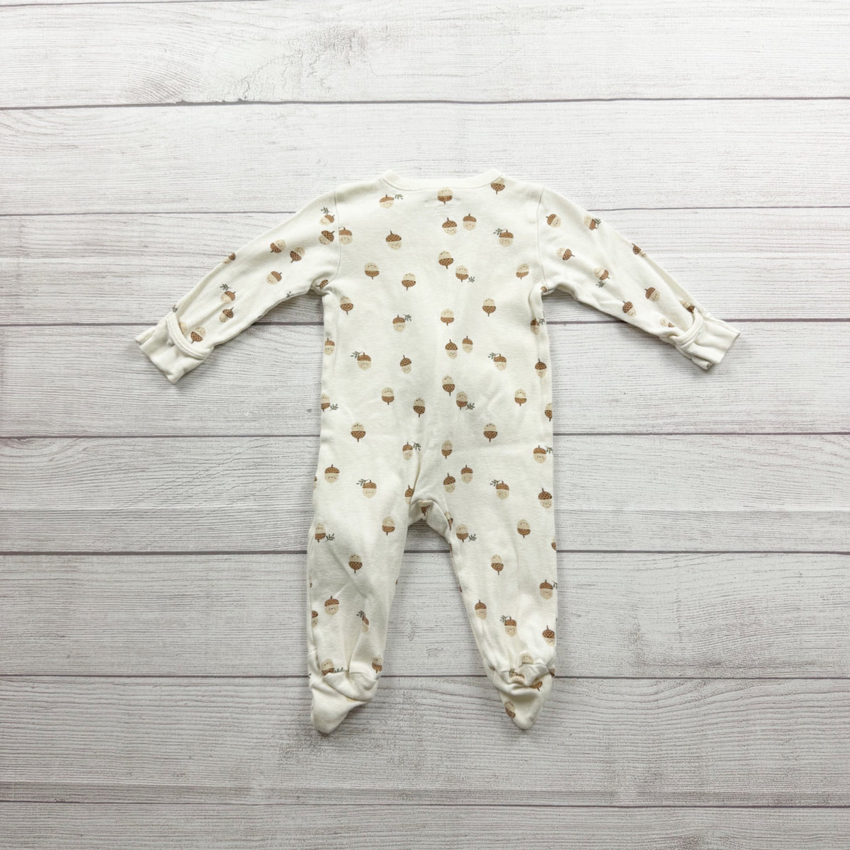 Old Navy Footed Sleeper Acorn Print Cream 2-Way Zipper Long Sleeve 6-9 Months