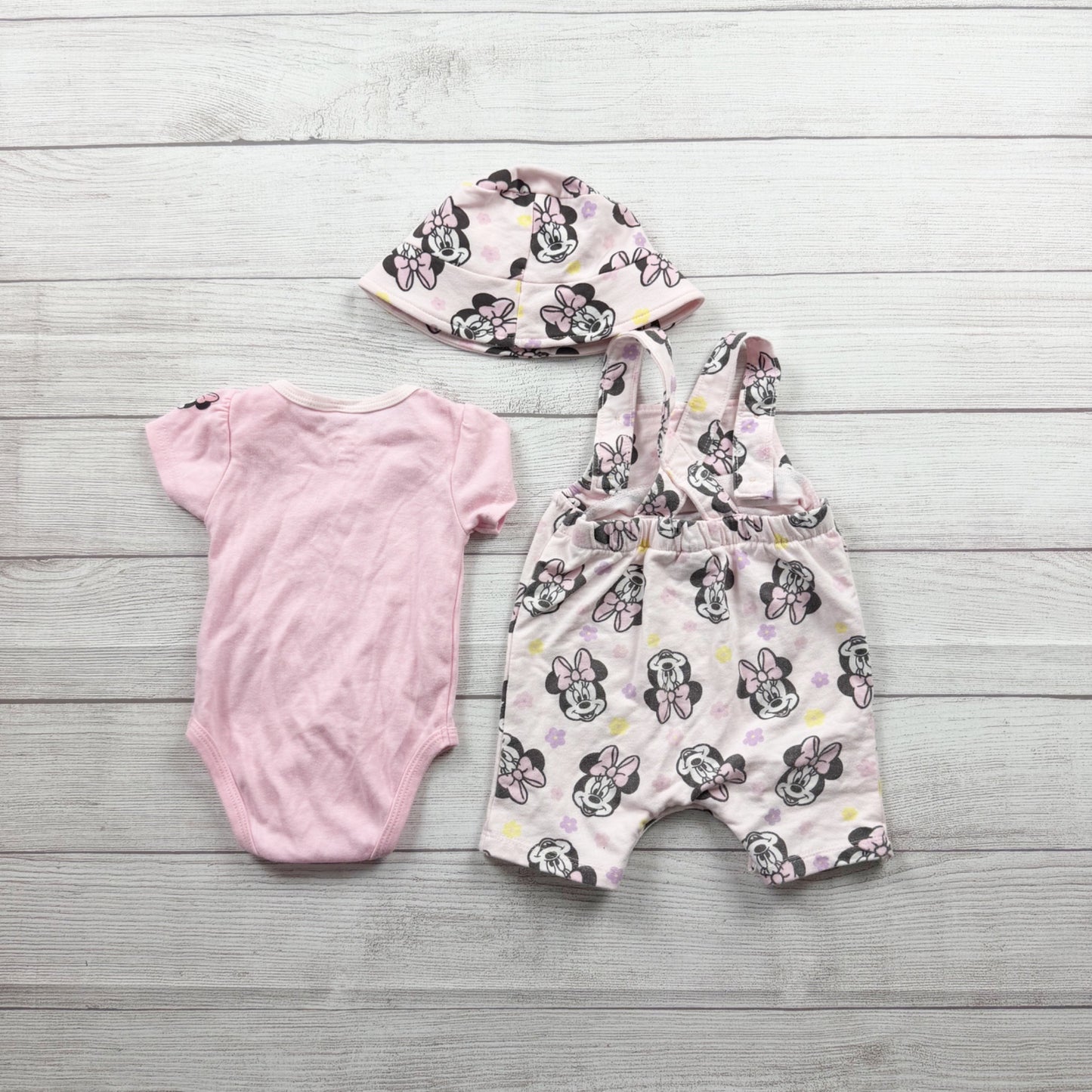 Disney Baby Minnie Mouse 3 Piece Outfit Set Bodysuit Overalls Hat 6-9 Months