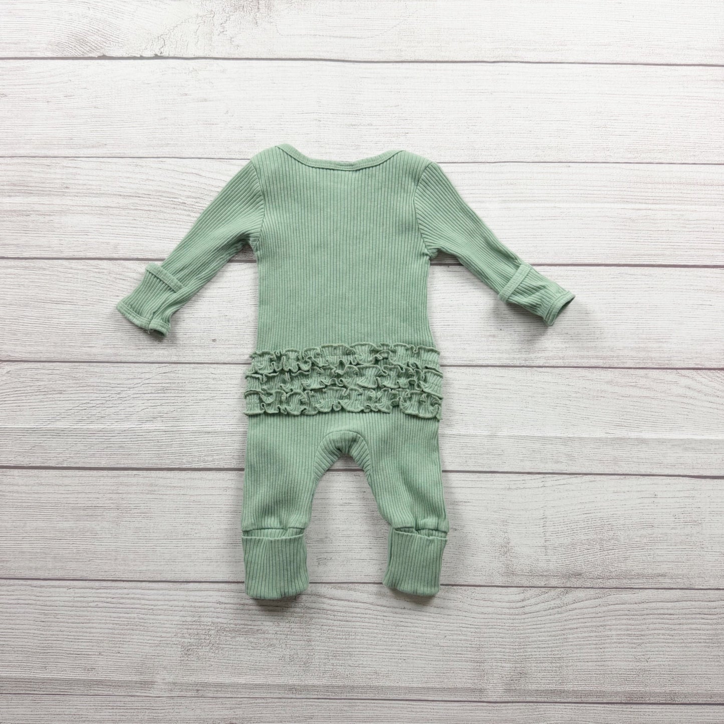 Mamas Lucky Charm Ruffled Baby Ribbed Romper Green Long Sleeve 0-3 Months