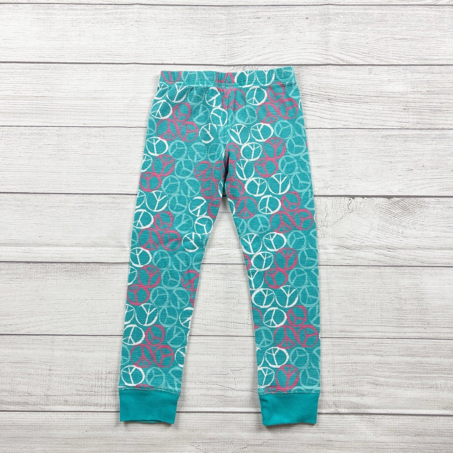 Cherokee Girls Pajamas Teal Peace Print 2pc Set Long Sleeve Waffle XS 4-5