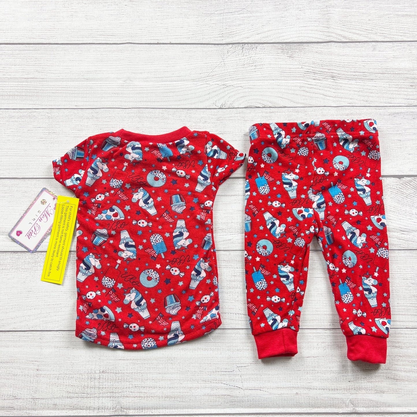 Mon Petit Baby Girl Red Pajamas Set USA Donut Print 2 Piece NWT 9-12 Months