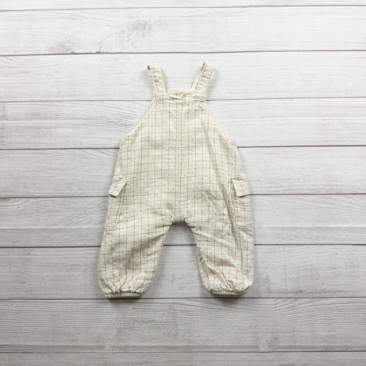 Zara Baby Checkered Overalls Beige Cotton Blend Light Weight Casual 9-12 Months