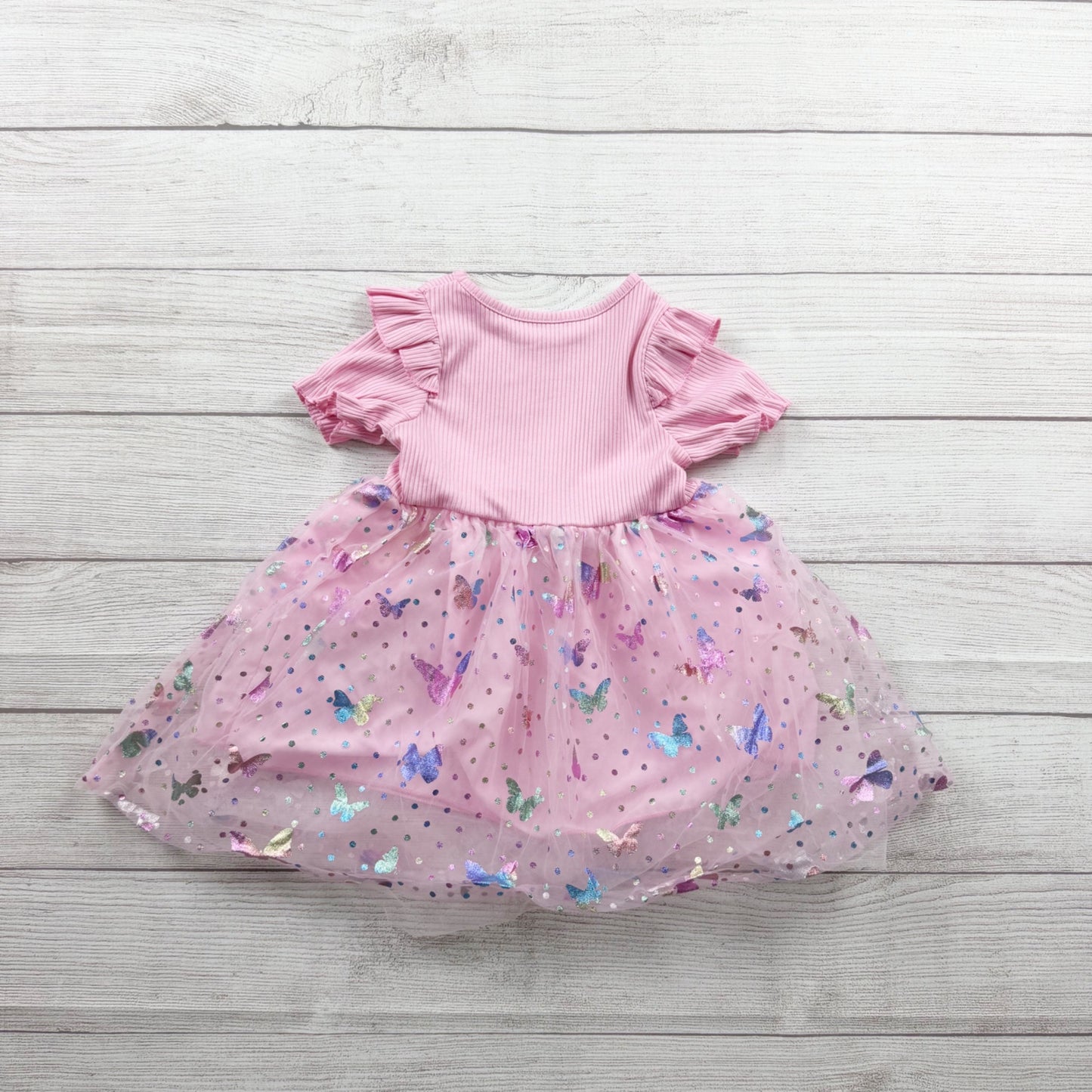 Stitch Toddler Girl Pink Butterfly Tulle Dress Flutter Sleeve Party Dress 1-2y