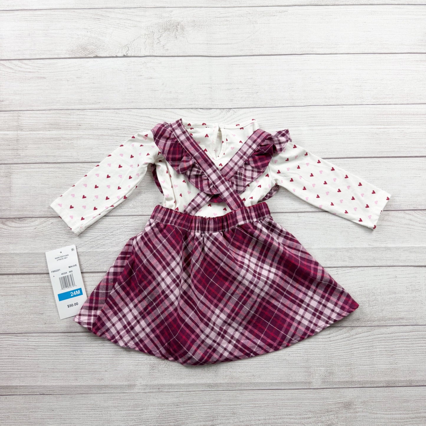Rare Editions Baby Girl 2 Piece Dress Set Plaid Jumper Heart NWT 18-24 Months