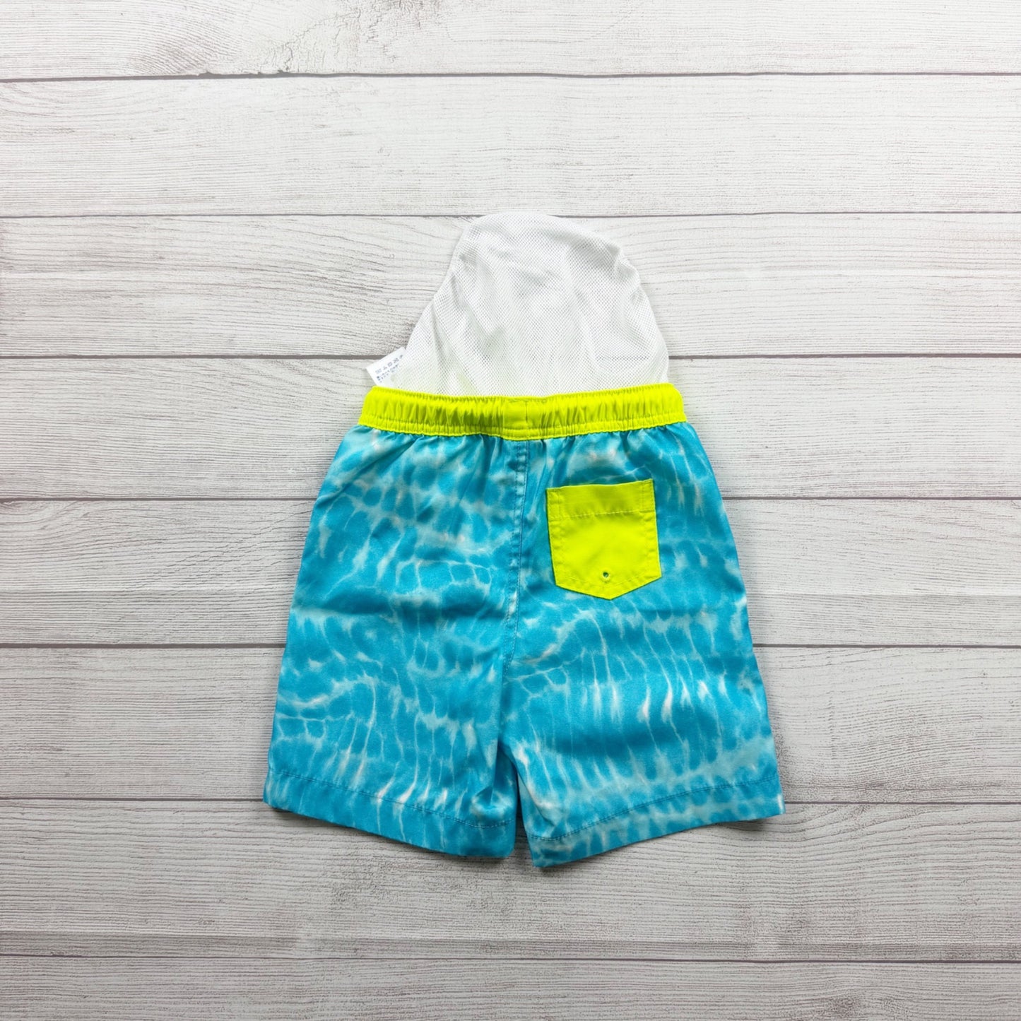 Lands End Blue Tie Dye Swim Trunks Neon Yellow Elastic Waist Mesh Liner XS 4-5