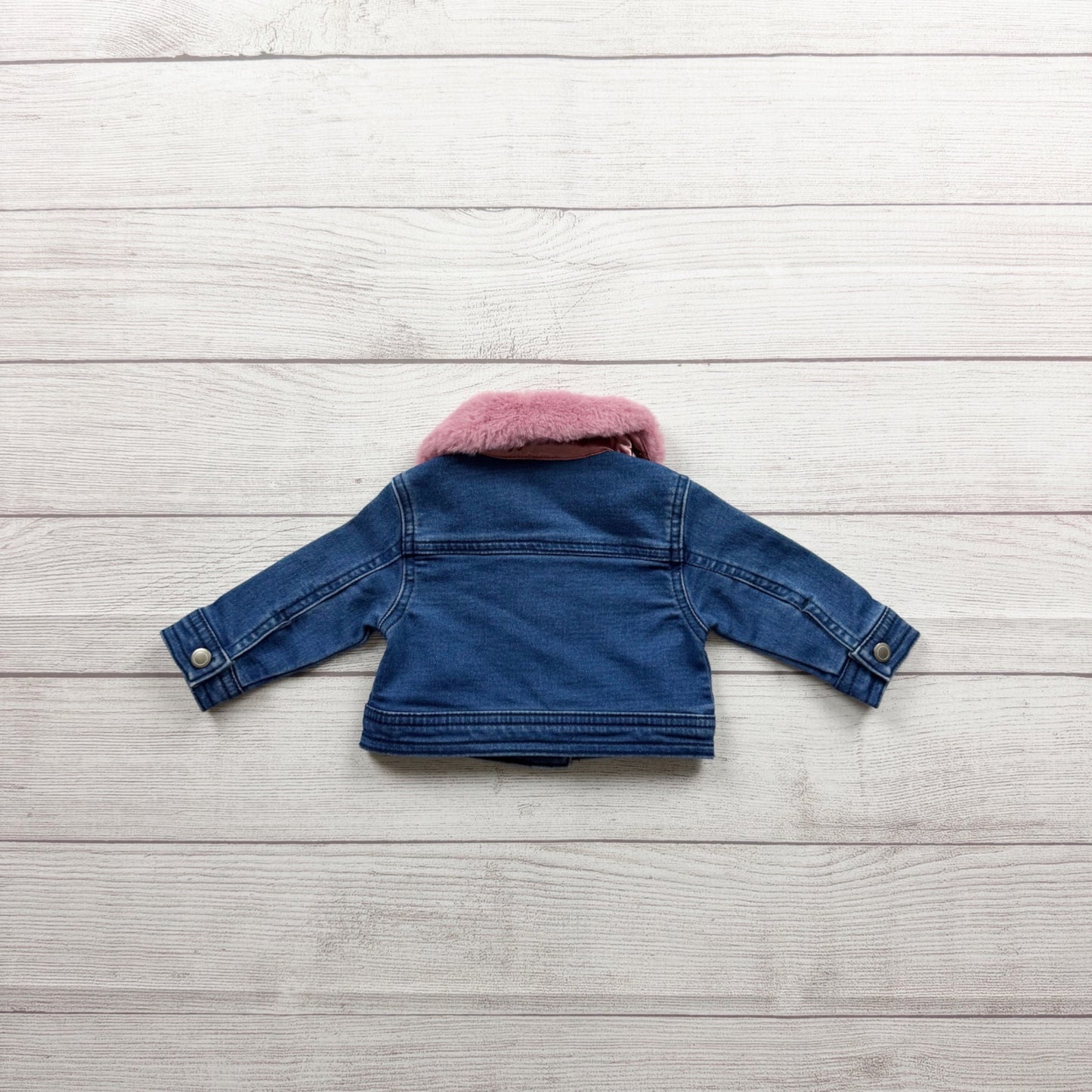 First Impressions Denim Baby Jacket Pink Fuzzy Collar Button Front 0-3 Months