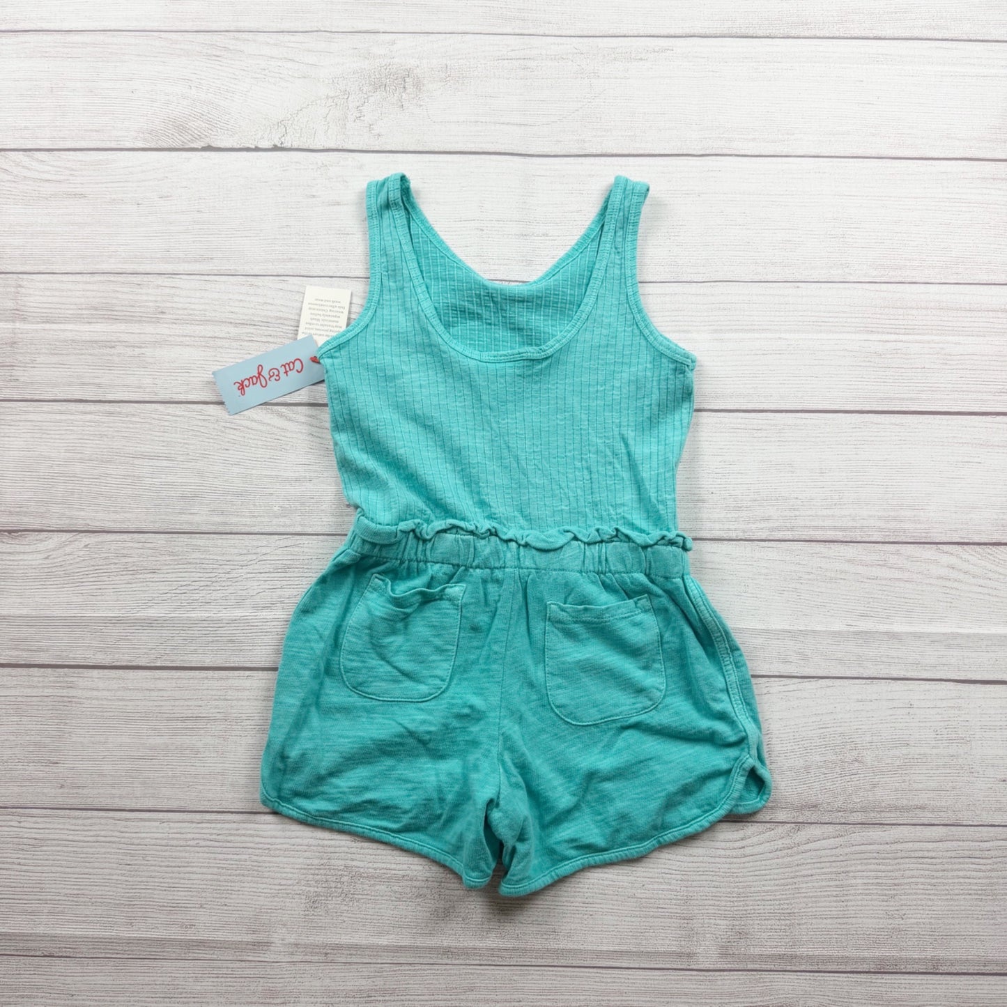 Cat & Jack Girls Teal Ribbed Tank Romper Elastic Waist Pockets NWT S 6-7