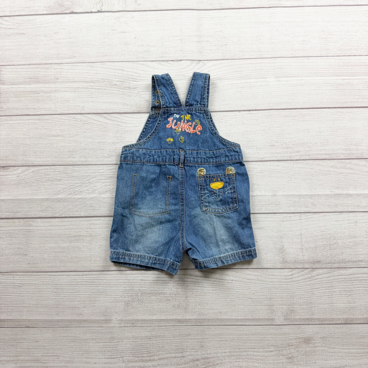 The Childrens Place Denim Safari Jungle Adventure Overalls Shorts 6-9 Months