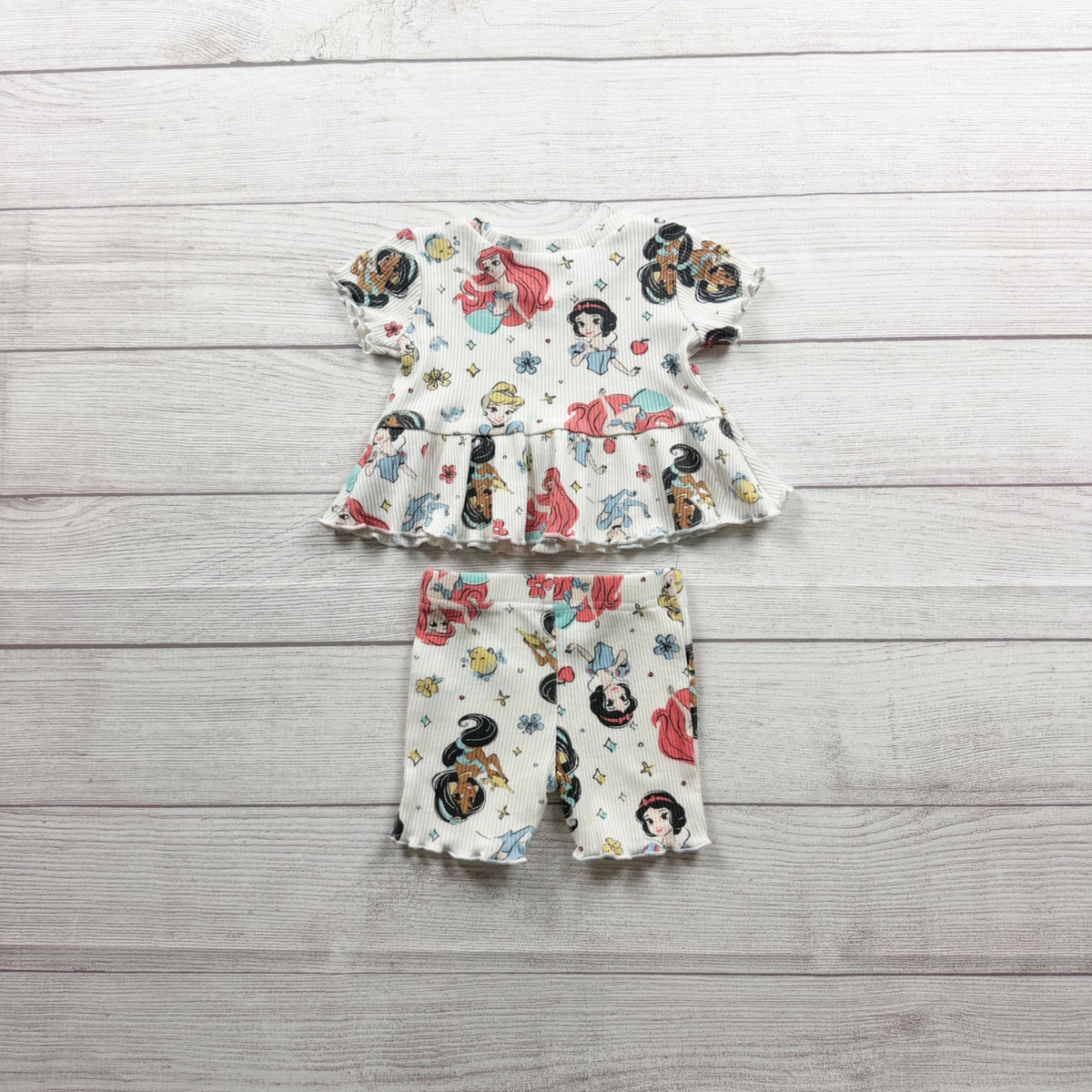 Disney Baby Princess 2 Piece Outfit Short Sleeve Peplum Top Shorts 3-6 Months