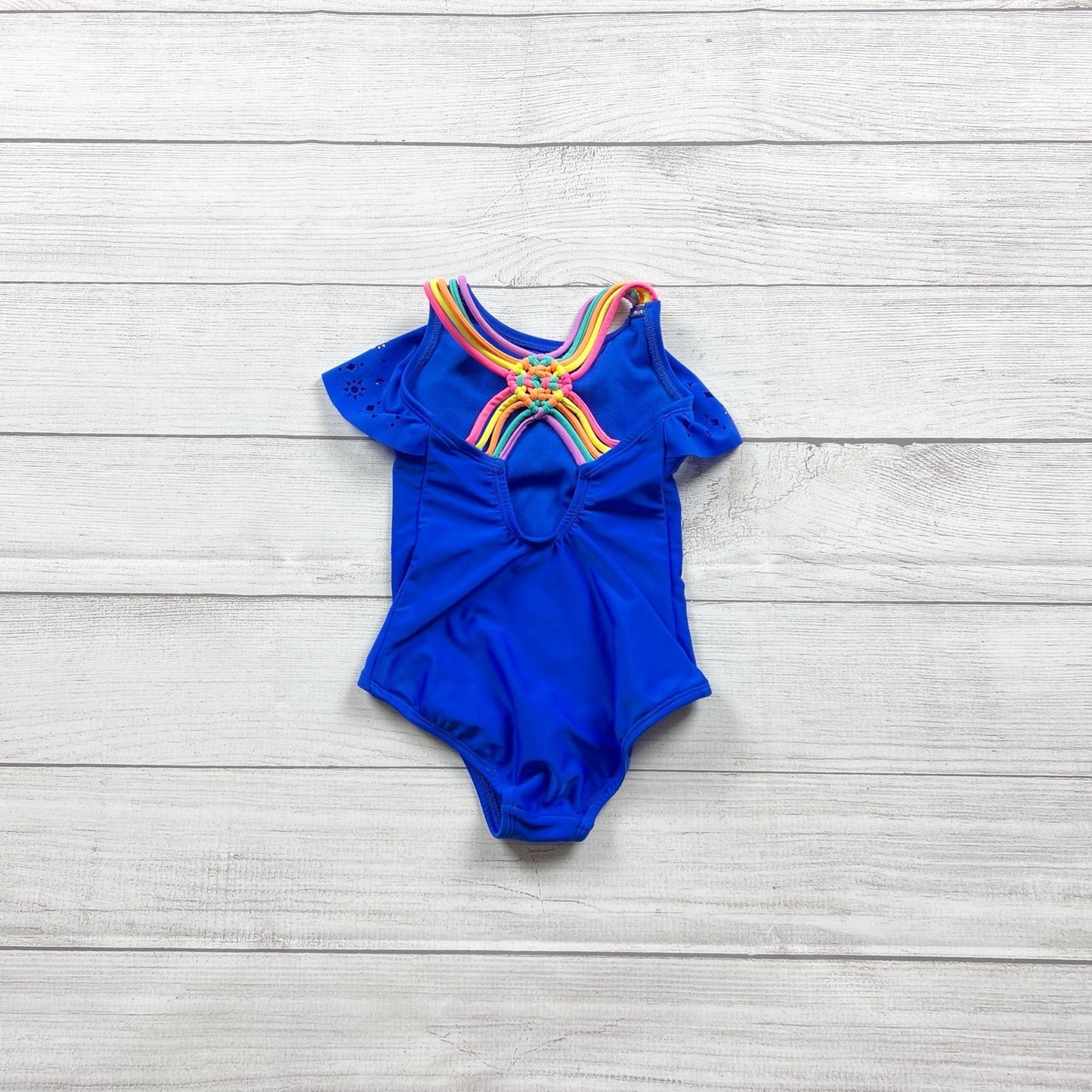 Cat & Jack Girls One Piece Swimsuit Blue Rainbow Strappy Cutout Ruffle XS 4-5