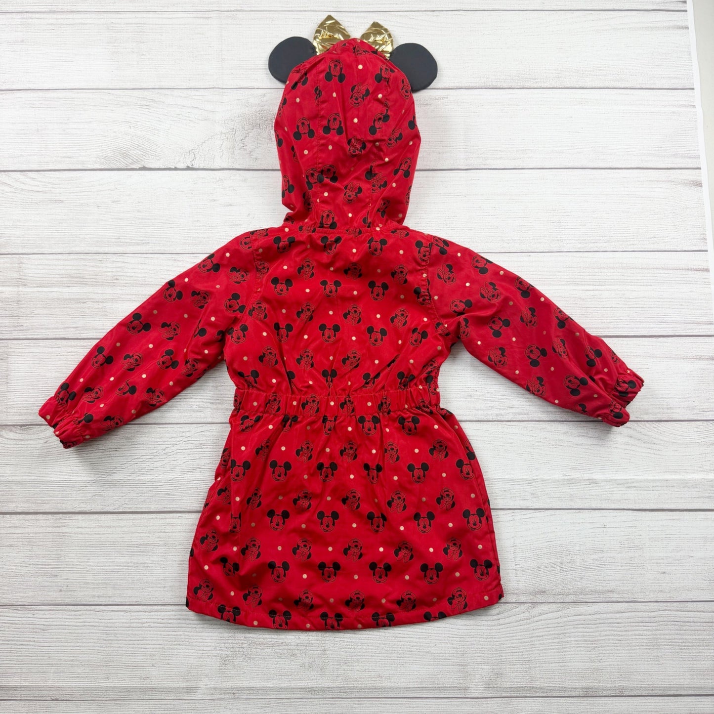 Disney Minnie Mouse Toddler Girls Red Hooded Raincoat Gold Bow Ears Jacket 3T