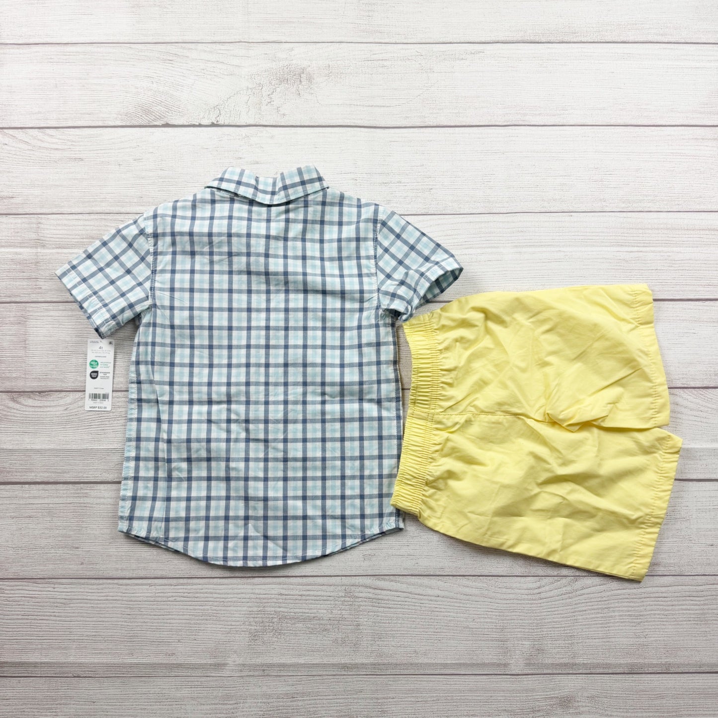 Carter’s Toddler Boys 2-Piece Outfit Shirt Shorts Plaid & Yellow NWT 4T