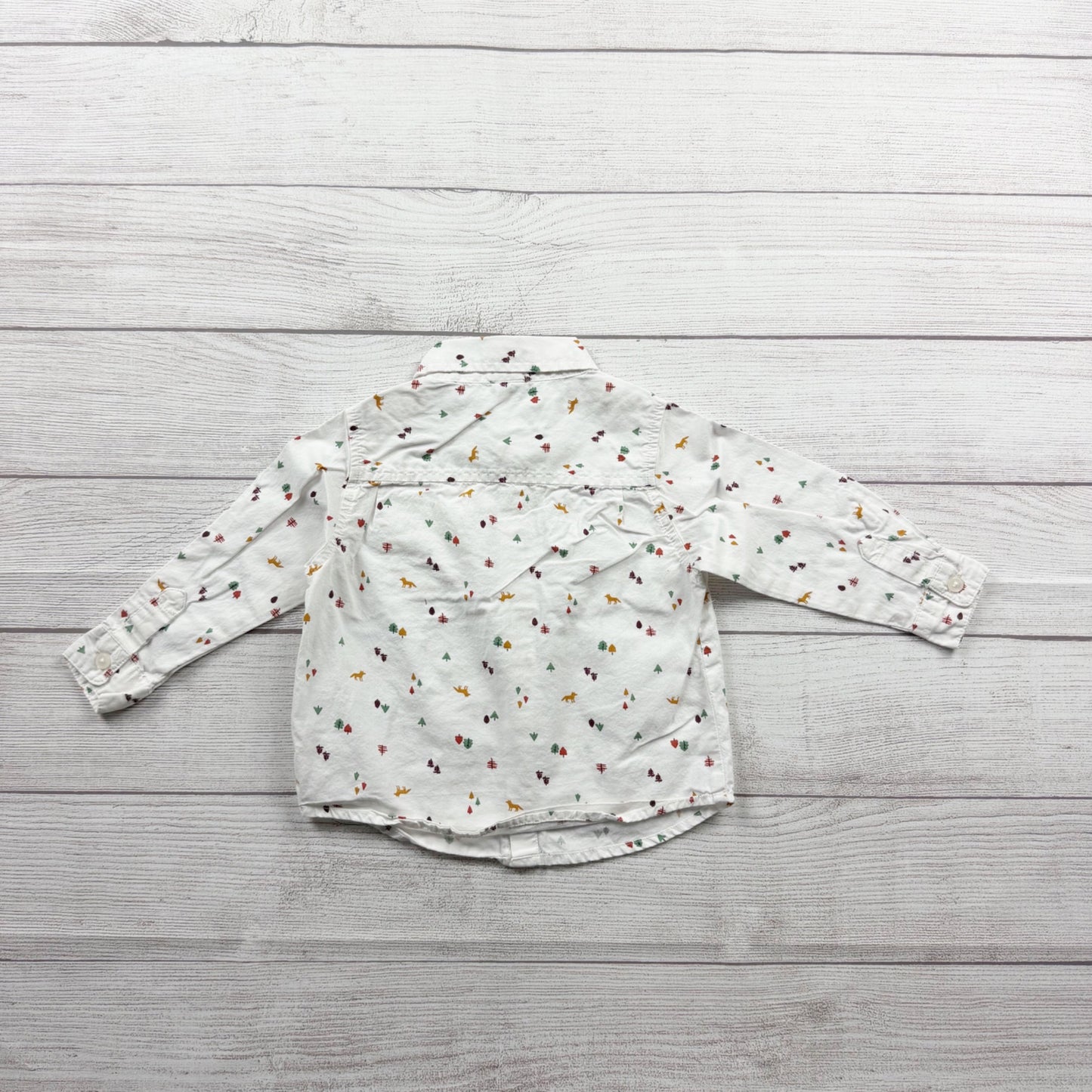 Old Navy Toddler Boys White Button Down Shirt Woodland Print 18-24 Months