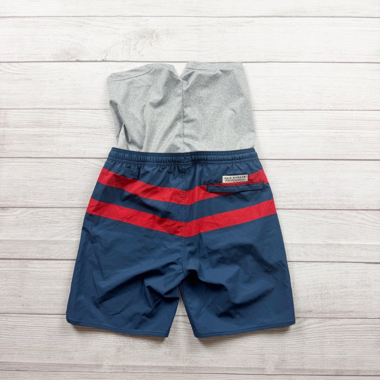 Fair Harbor Boys Swim Shorts Navy Red Stripes L