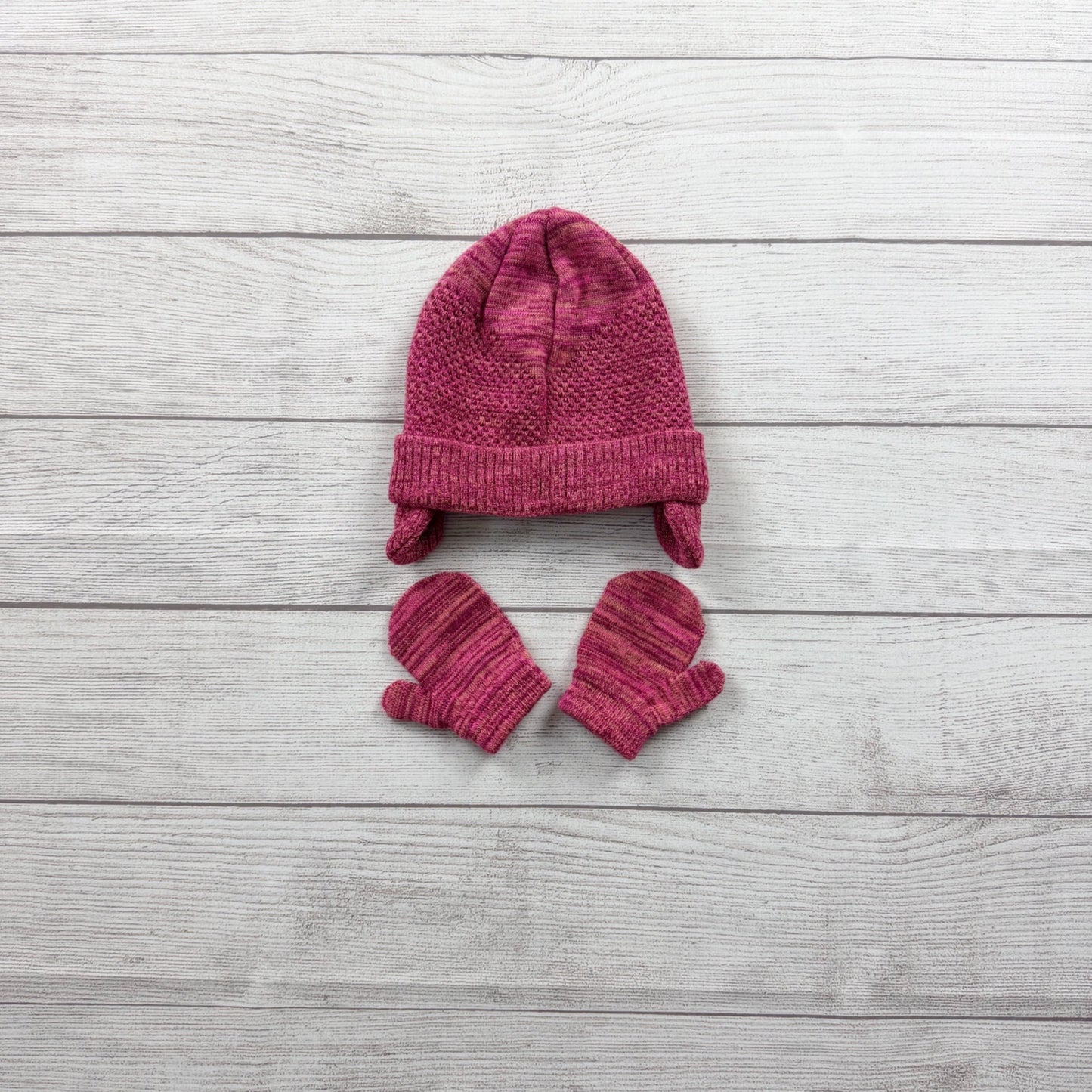 Nike Toddler Knit Hat & Mittens Set Pink Marled Swoosh Winter Beanie Gloves