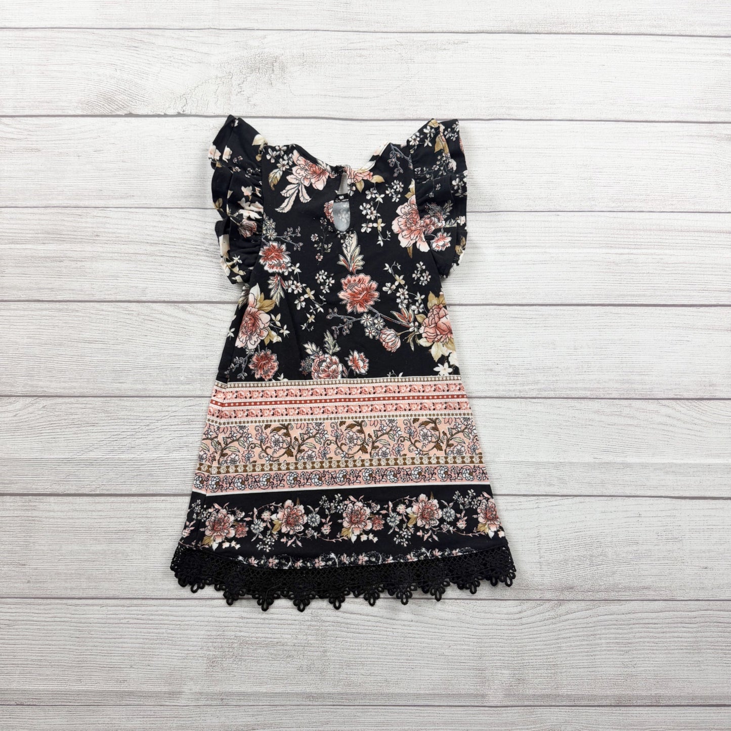 Rare Editions Toddler Girls Floral Dress Ruffle Sleeves Crochet Hem 3T