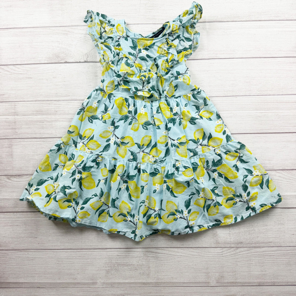 French Connection Girls Lemon Print Ruffle Cotton Sundress Dress S 7-8