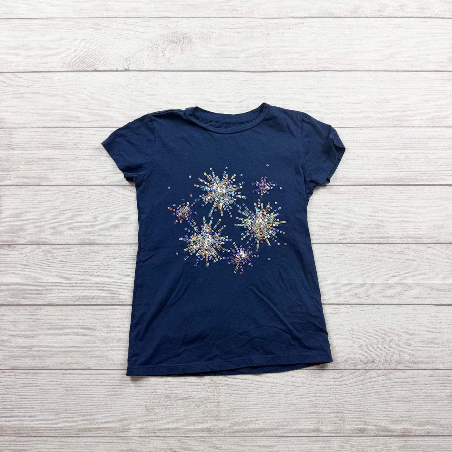 Crewcuts Girls Navy Blue Firework Sequin Graphic Tee Cotton Short Sleeve M 8-9