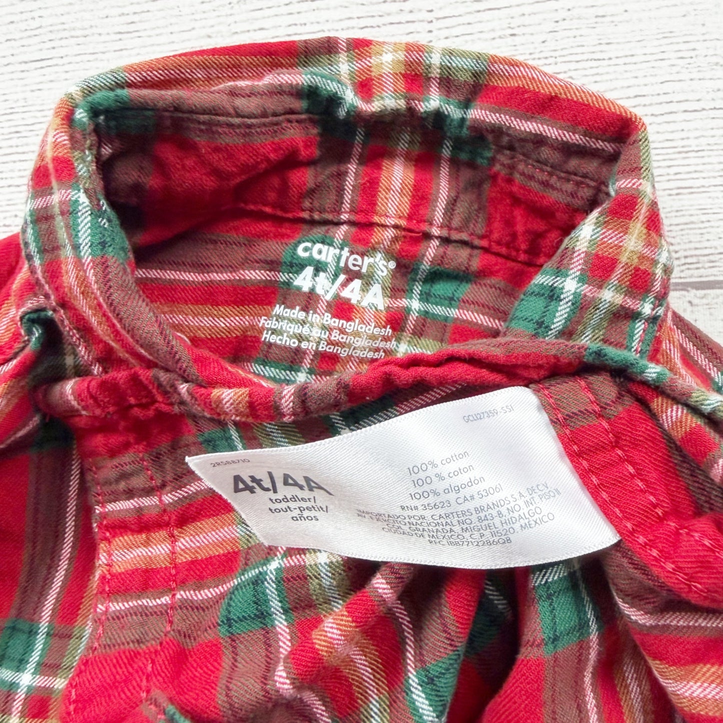 Carter’s Toddler Red & Green Plaid Button-Up Long-Sleeve Shirt 100% Cotton 4T