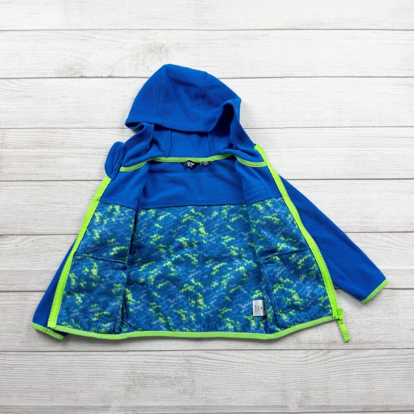 Lands’ End Toddler Fleece Jacket Hooded Full Zip Coat Green Camo Print 3T