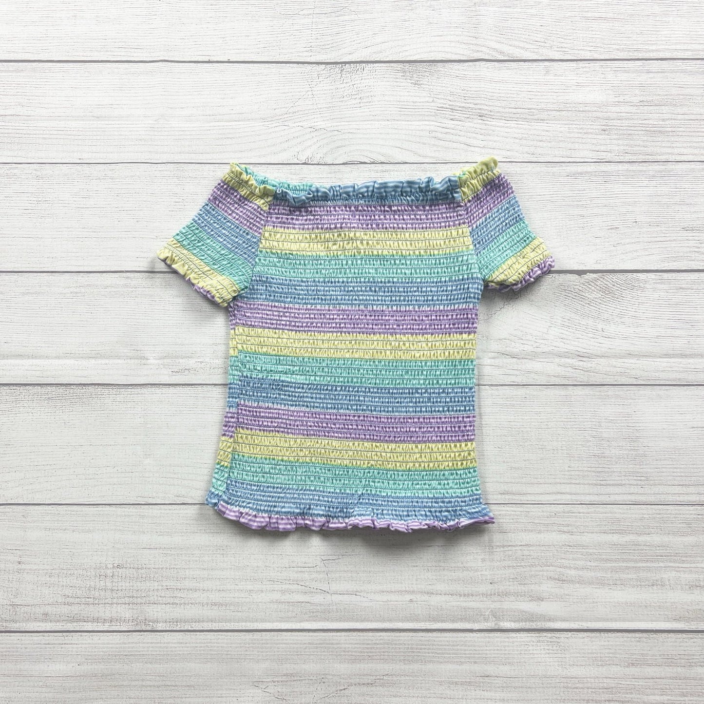 Beautees Girls Smocked Off-Shoulder Pastel Striped Top Short Sleeve 7-8