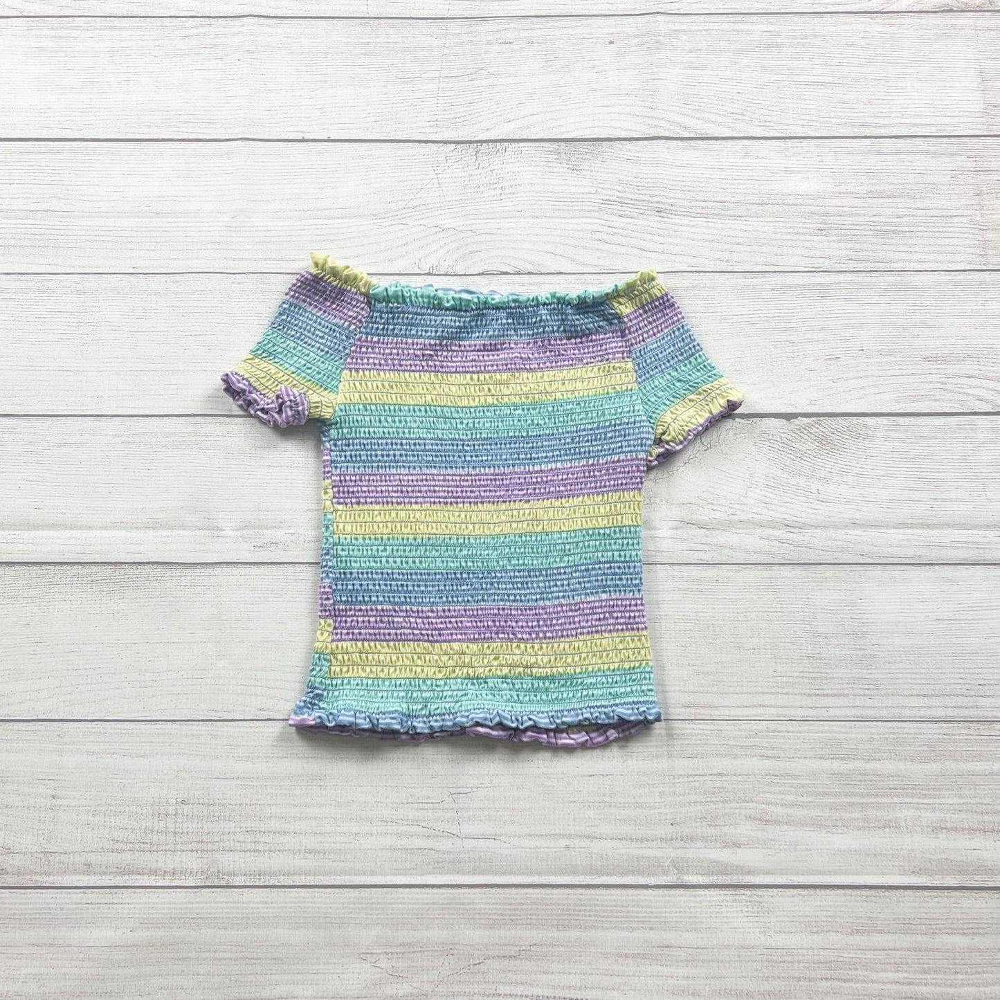 Beautees Girls Smocked Off-Shoulder Pastel Striped Top Short Sleeve 7-8