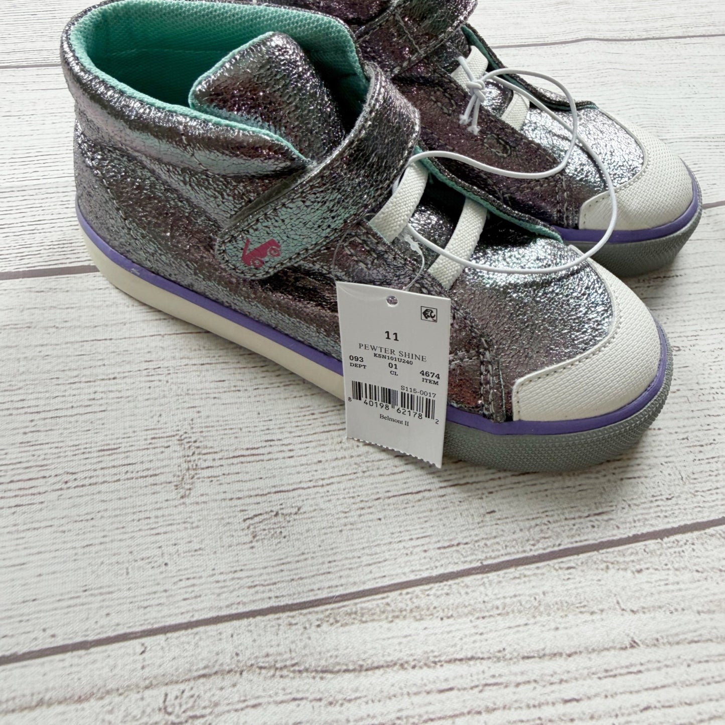 See Kai Run Girls High Top Sneakers Pewter Metallic Velcro Strap Shoes NWT 11