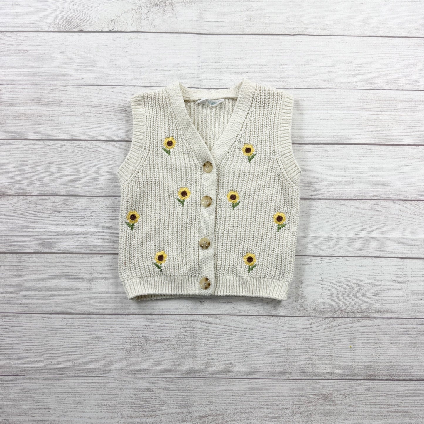 Primark Girls Knit Sweater Vest Cream Sunflower Embroidered Button Vest 7-8