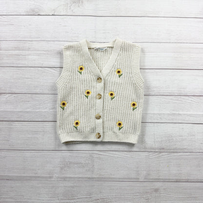 Primark Girls Knit Sweater Vest Cream Sunflower Embroidered Button Vest 7-8
