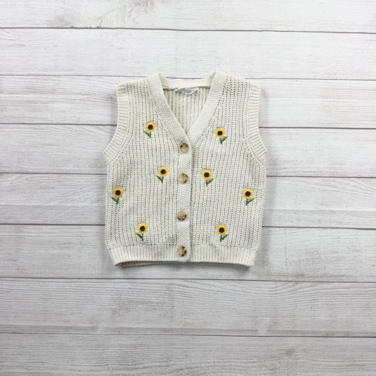 Primark Girls Knit Sweater Vest Cream Sunflower Embroidered Button Vest 7-8