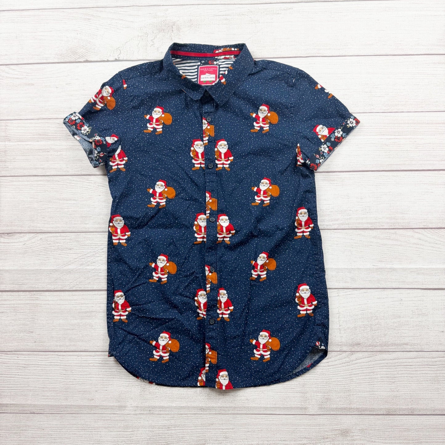 Denim & Flower Santa Print Boys Shirt Blue Cotton Button Up Short Sleeve 13-14