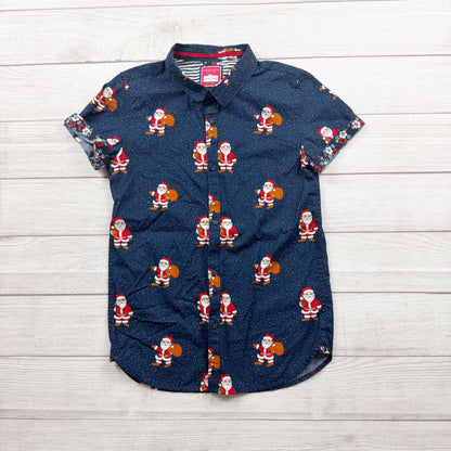 Denim & Flower Santa Print Boys Shirt Blue Cotton Button Up Short Sleeve 13-14
