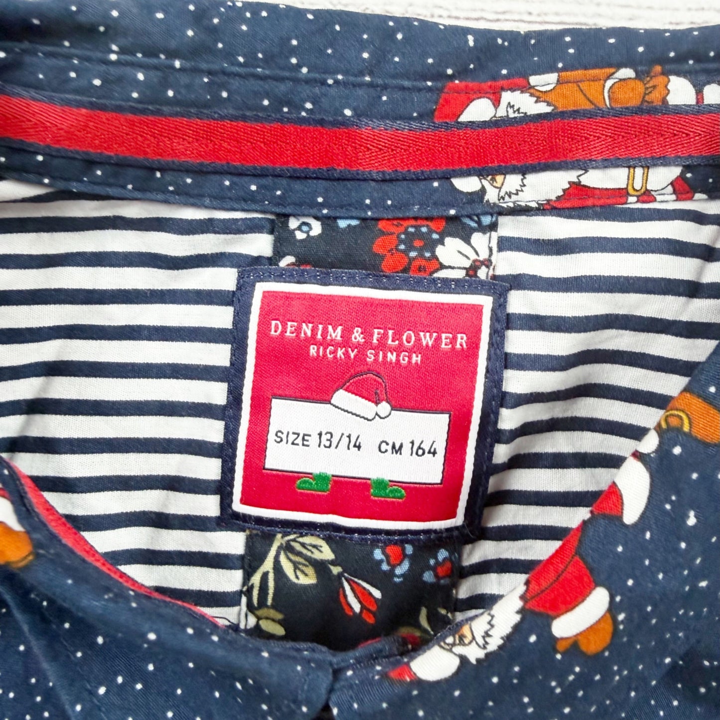 Denim & Flower Santa Print Boys Shirt Blue Cotton Button Up Short Sleeve 13-14
