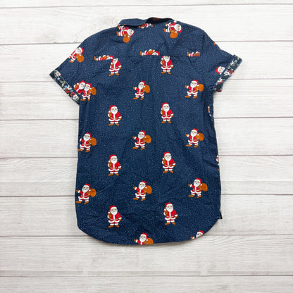 Denim & Flower Santa Print Boys Shirt Blue Cotton Button Up Short Sleeve 13-14